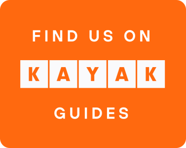 Orange sign with 'Find us on Kayak Guides' text in white.