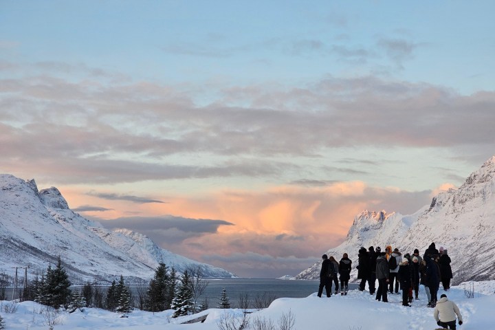 Group of people on snowy hill overlooking mountains and fjord at sunset.